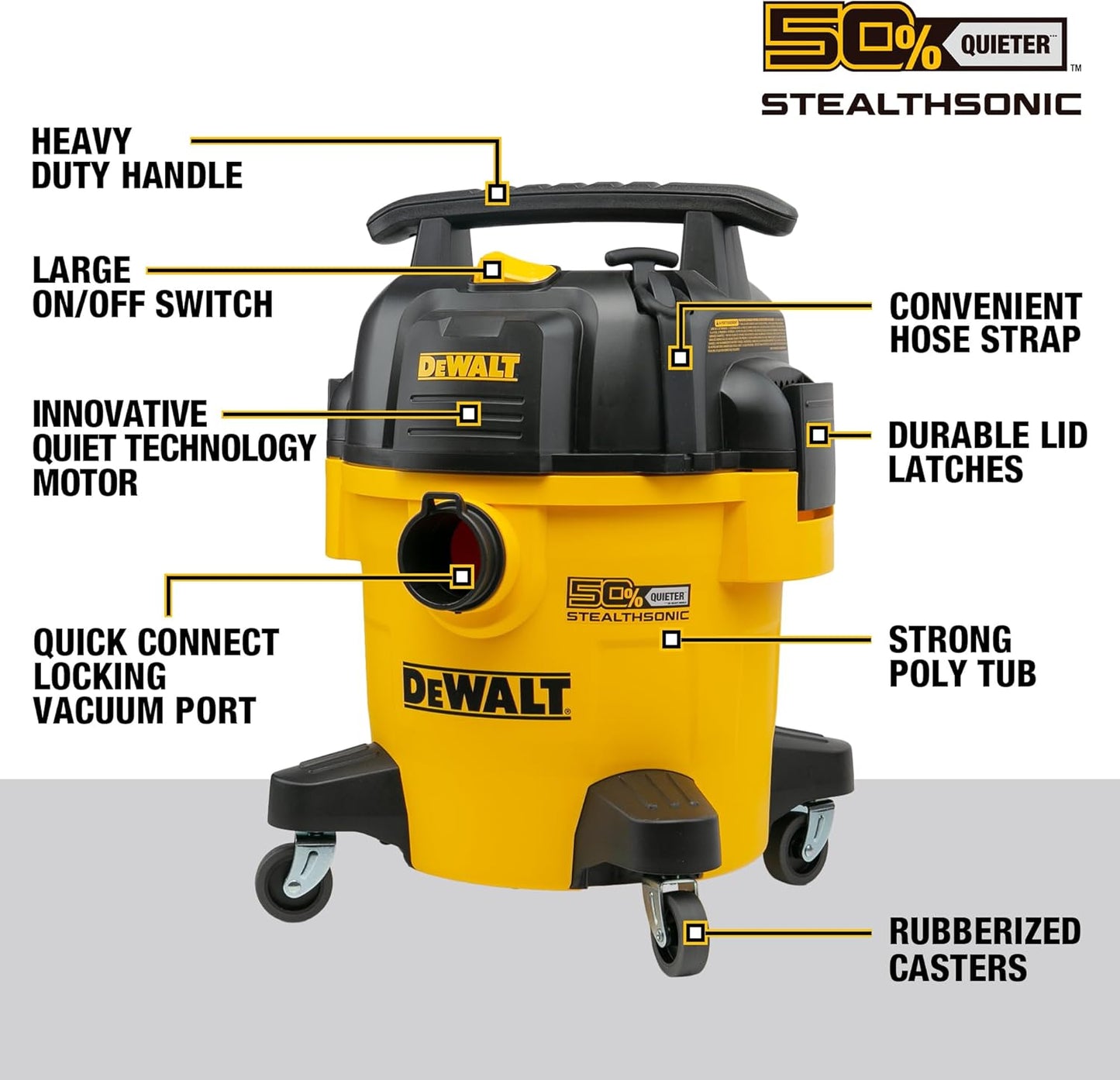 DEWALT Shop Vacuum DXV05P-QTB Aspiradora de 5 galones 4 HP STEALTHSONIC Aspiradora de tienda ultra silenciosa de polietileno con potente succión para garaje, lugar de trabajo y taller