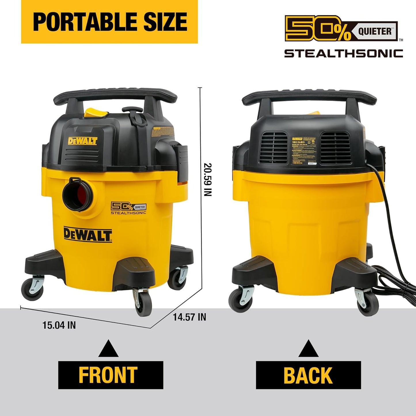 DEWALT Shop Vacuum DXV05P-QTB Aspiradora de 5 galones 4 HP STEALTHSONIC Aspiradora de tienda ultra silenciosa de polietileno con potente succión para garaje, lugar de trabajo y taller