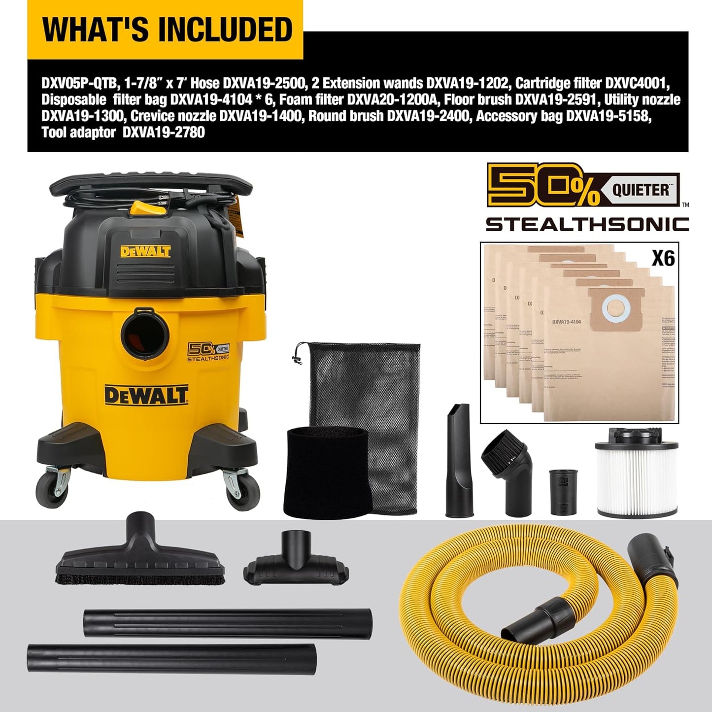 DEWALT Shop Vacuum DXV05P-QTB Aspiradora de 5 galones 4 HP STEALTHSONIC Aspiradora de tienda ultra silenciosa de polietileno con potente succión para garaje, lugar de trabajo y taller