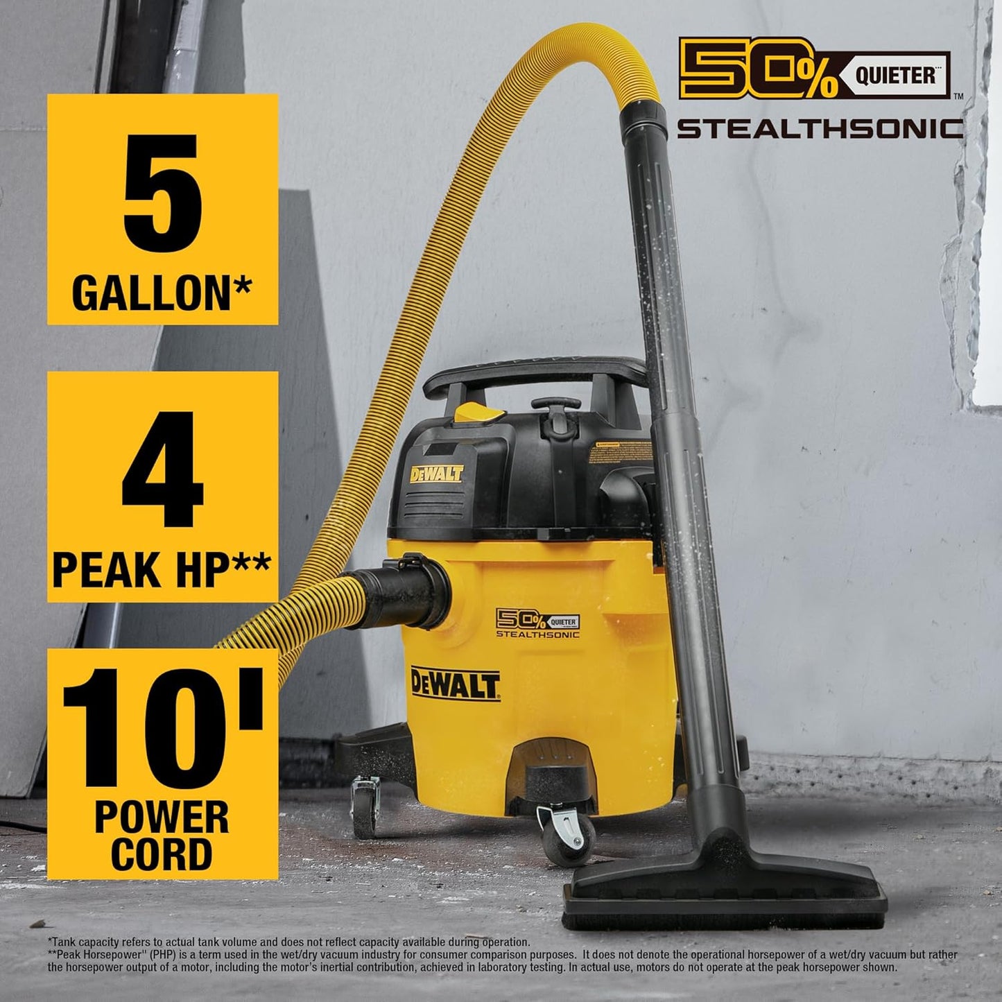 DEWALT Shop Vacuum DXV05P-QTB Aspiradora de 5 galones 4 HP STEALTHSONIC Aspiradora de tienda ultra silenciosa de polietileno con potente succión para garaje, lugar de trabajo y taller