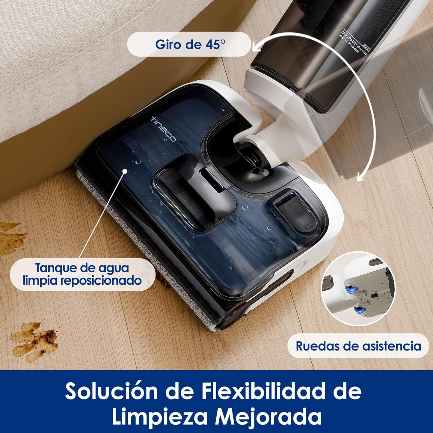 Tineco Floor One Stretch S6 Aspiradora en Seco y Húmedo, Aspirador Vertical,Posición Plana de 180°, Diseño Compacto de 13 cm, Autolimpieza Flashdry a 70 °C en 5 Minutos, Limpieza por Las Tres Caras
