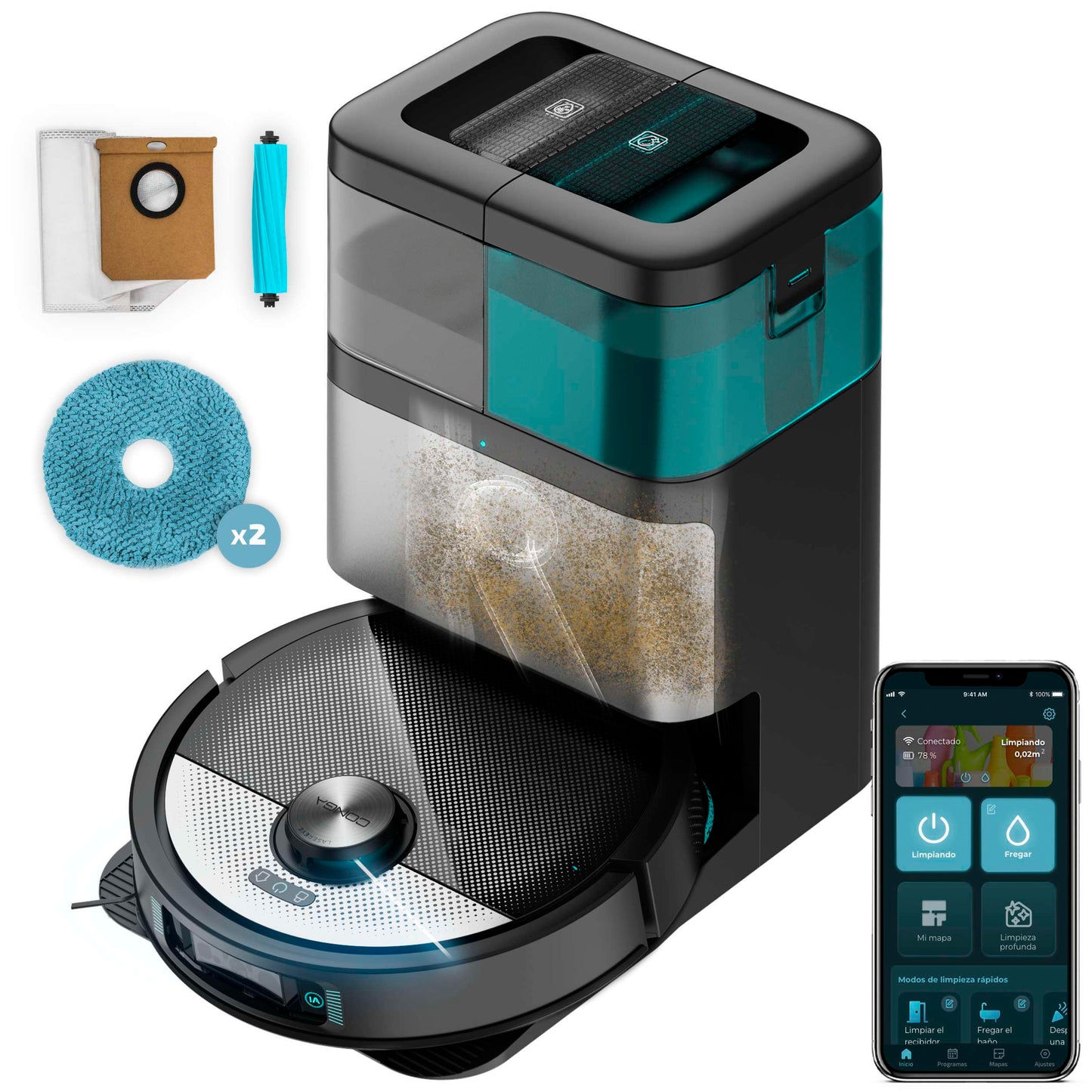 Cecotec Robot Aspirador y Friegasuelos Conga 15090 SpinArm Home&Wash. 8000Pa, App, Navegación Láser, Base Autovaciado con Tanques de Polvo y Agua, Limpieza-Secado de Mopas, Cepillo Silicona y Mopas