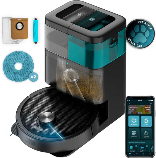 Cecotec Robot Aspirador y Friegasuelos Conga 15090 SpinArm Home&Wash. 8000Pa, App, Navegación Láser, Base Autovaciado con Tanques de Polvo y Agua, Limpieza-Secado de Mopas, Cepillo Silicona y Mopas